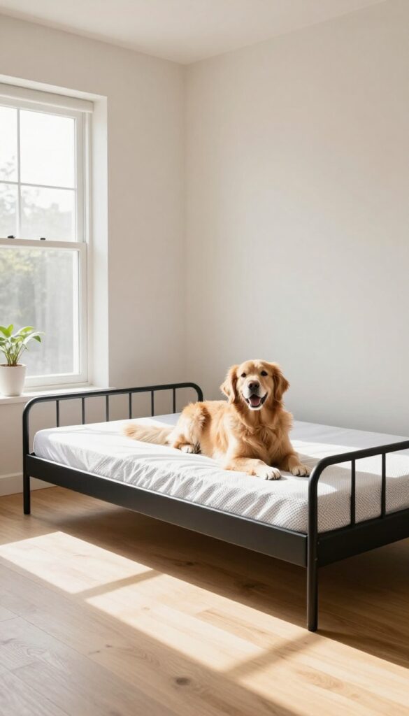 Golden retriever resting on elevated mesh cot bed in bright living room