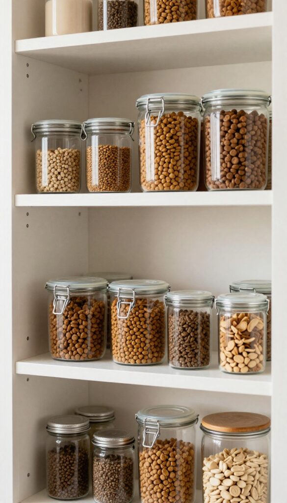 A clear airtight container filled with dog kibble on a kitchen shelf, demonstrating a neat and affordable food storage idea for pet owners.