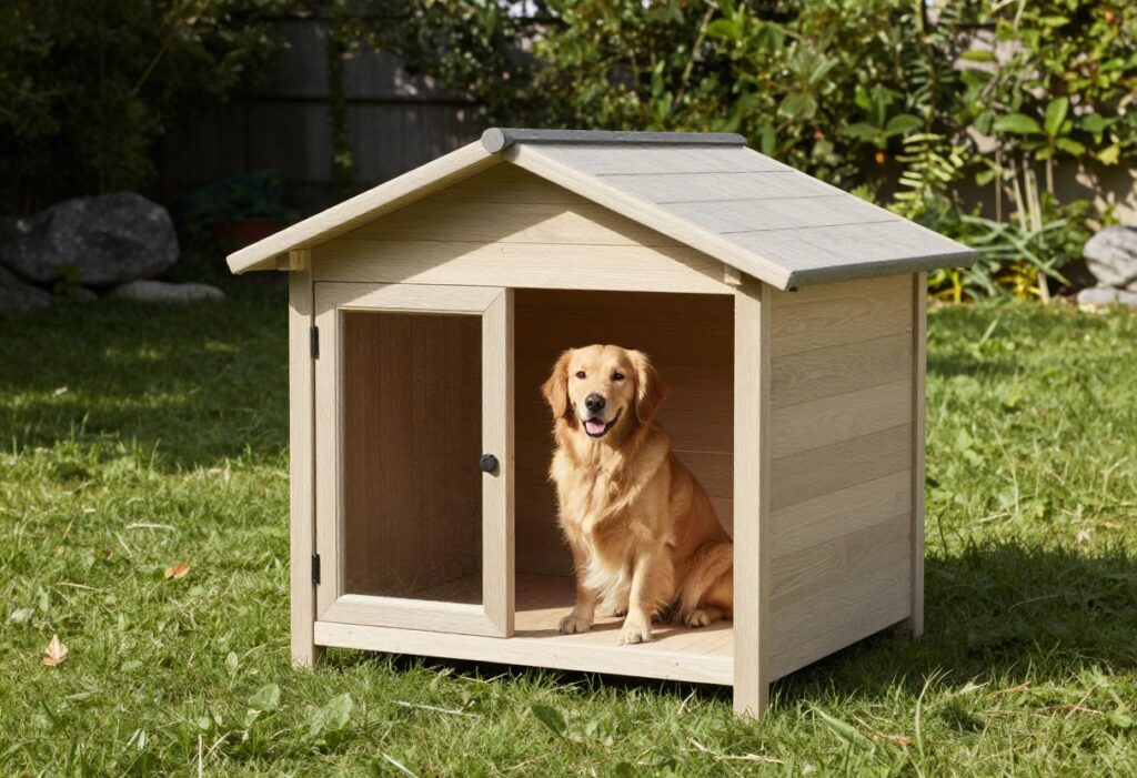 Modern wooden dog house with a golden retriever sitting on the porch in a sunny backyard