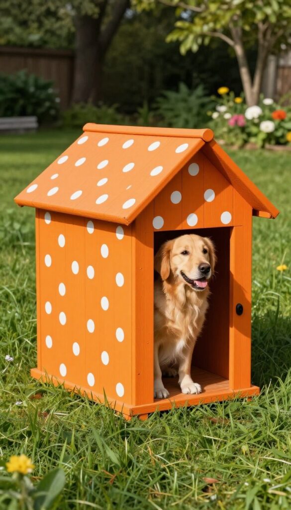 Bright orange dog house with white polka dots in a sunny backyard, with a golden retriever peeking out.
