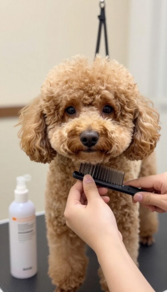 A calm poodle having its facial mats gently combed out with a wide-tooth comb and detangling spray to avoid pulling during grooming.