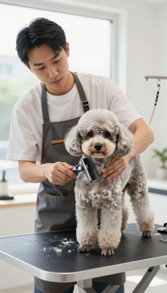 A dog groomer removing severe matting from a Poodle's fur in a bright salon, illustrating emergency grooming fees for transparency.