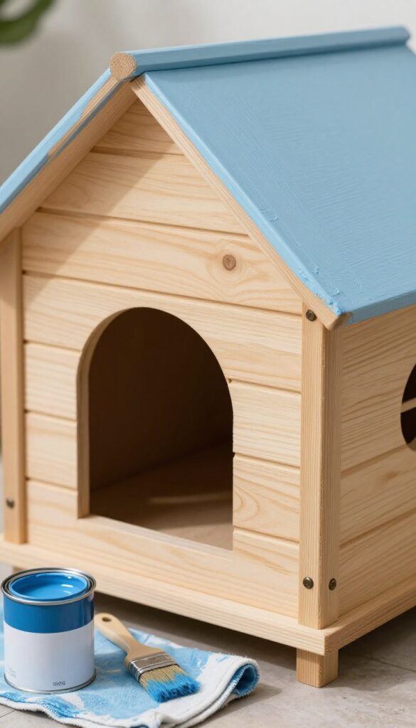 Hand sanding rough edges of a wooden dog house with pet-safe paint nearby.