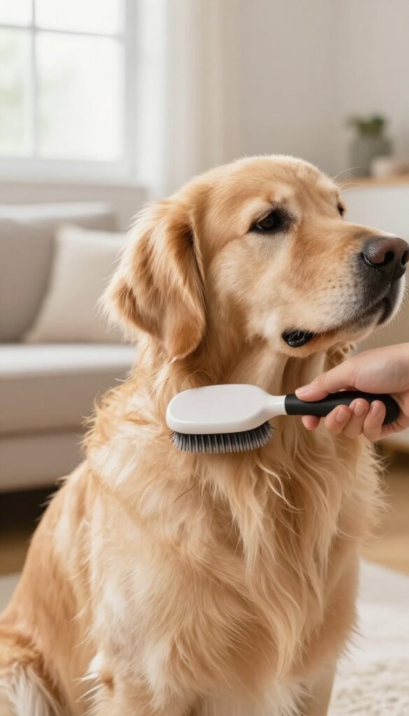 A close-up photo showing a slicker brush being used on a Golden Retriever's coat to demonstrate choosing the right grooming tool for different fur types.