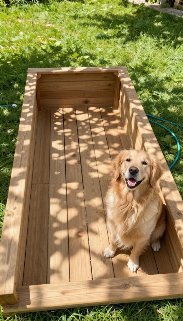 Raised floor dog house with drainage gaps and a golden retriever sitting on it