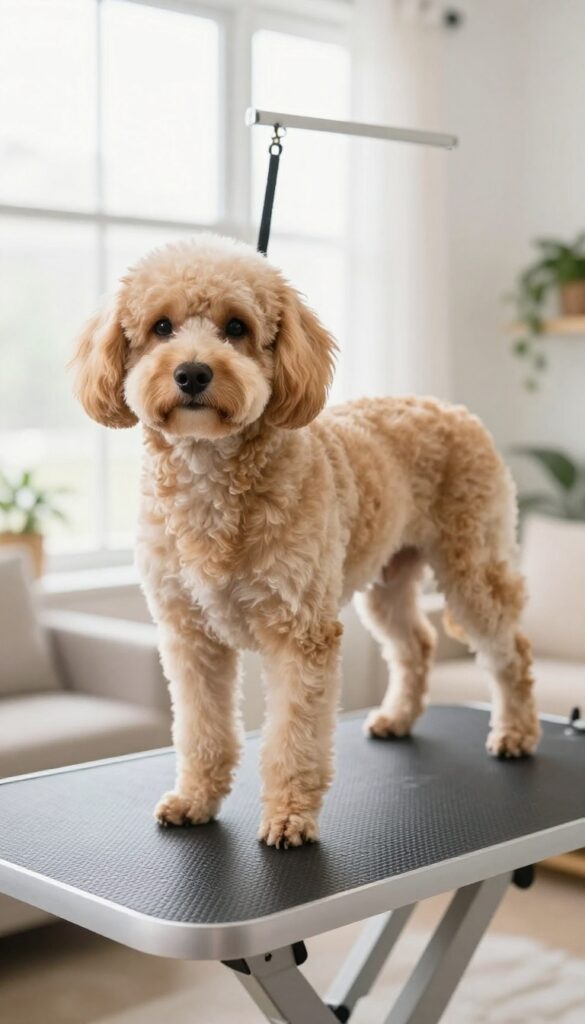 A dog standing calmly on a grooming table in a well-lit home environment, showcasing the stability and ease of use for grooming sessions.