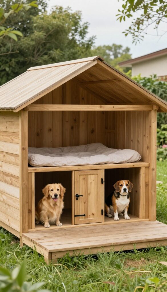 Two dogs relaxing in separate cubbies of a multi-dog house with shared porch