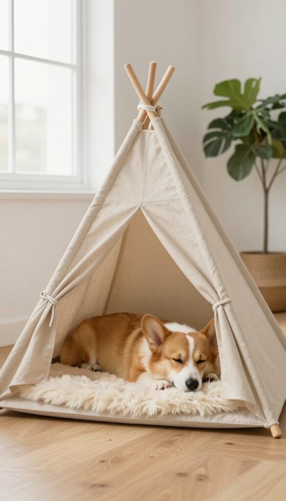 Corgi sleeping in beige linen teepee dog house in bright living room