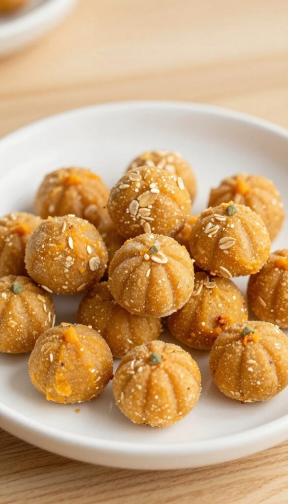 Close-up of frozen pumpkin oat dog treats on a white plate, showcasing homemade, gentle snacks for dogs with digestion issues in a bright, natural setting.
