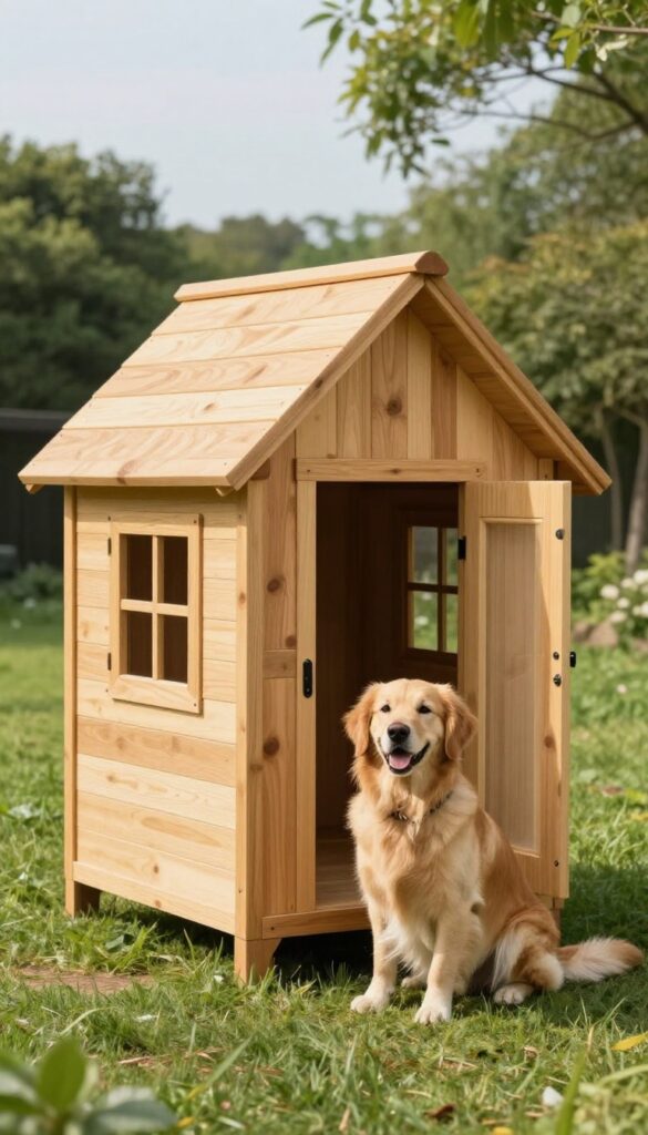 Classic plywood A-frame dog house in a sunny backyard with a Golden Retriever sitting beside it.