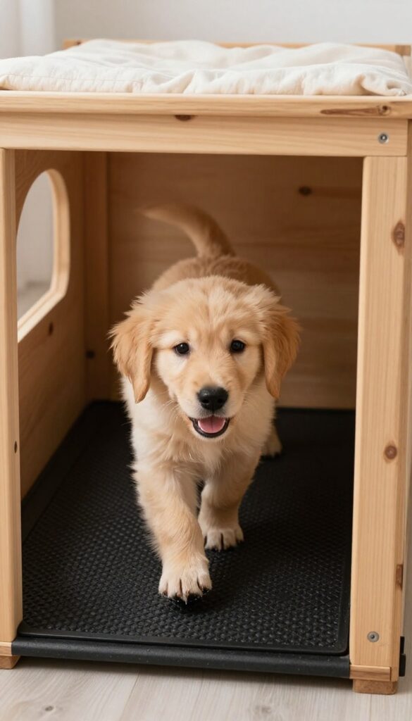 Dog house interior with non-slip floor mats for safety, golden retriever puppy stepping on mat.