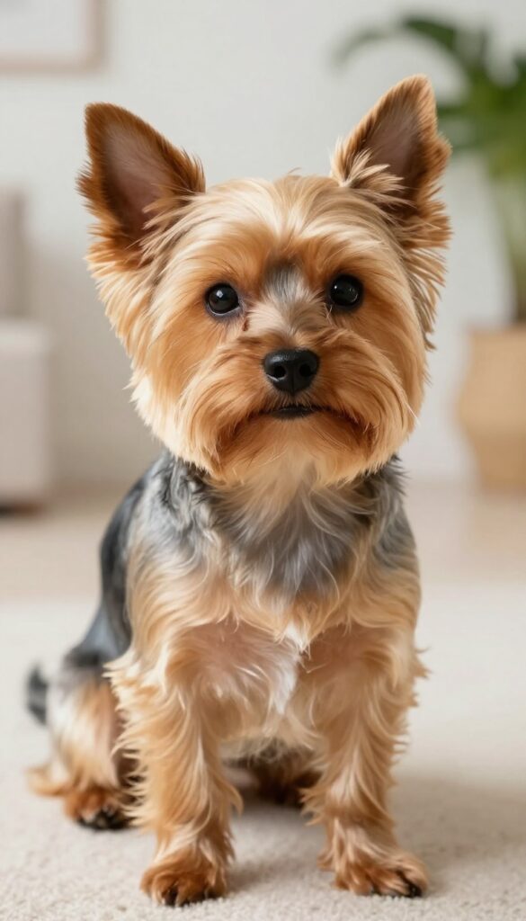 A Yorkshire Terrier with a mohawk haircut in natural light, showcasing the playful style for dog grooming inspiration.