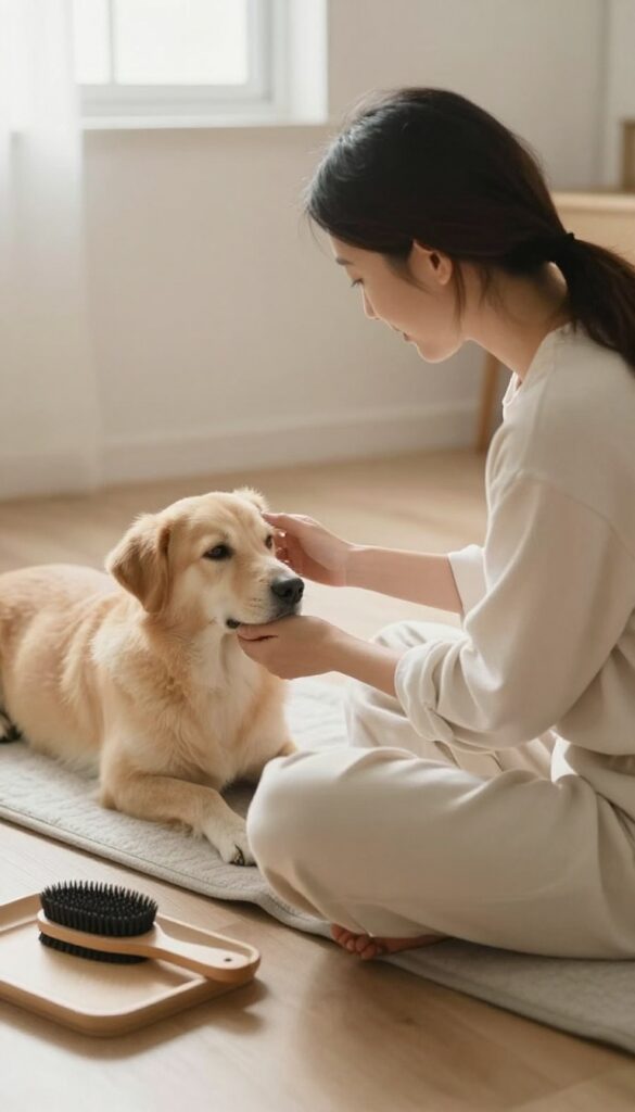A person calmly grooming a relaxed dog in a bright, quiet room with soft lighting and organized tools nearby.