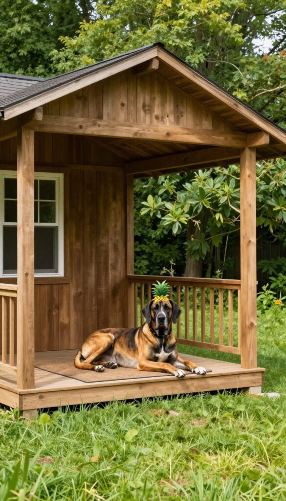 Large breed dog house with extra-wide porch featuring a Great Dane lounging comfortably on a mat