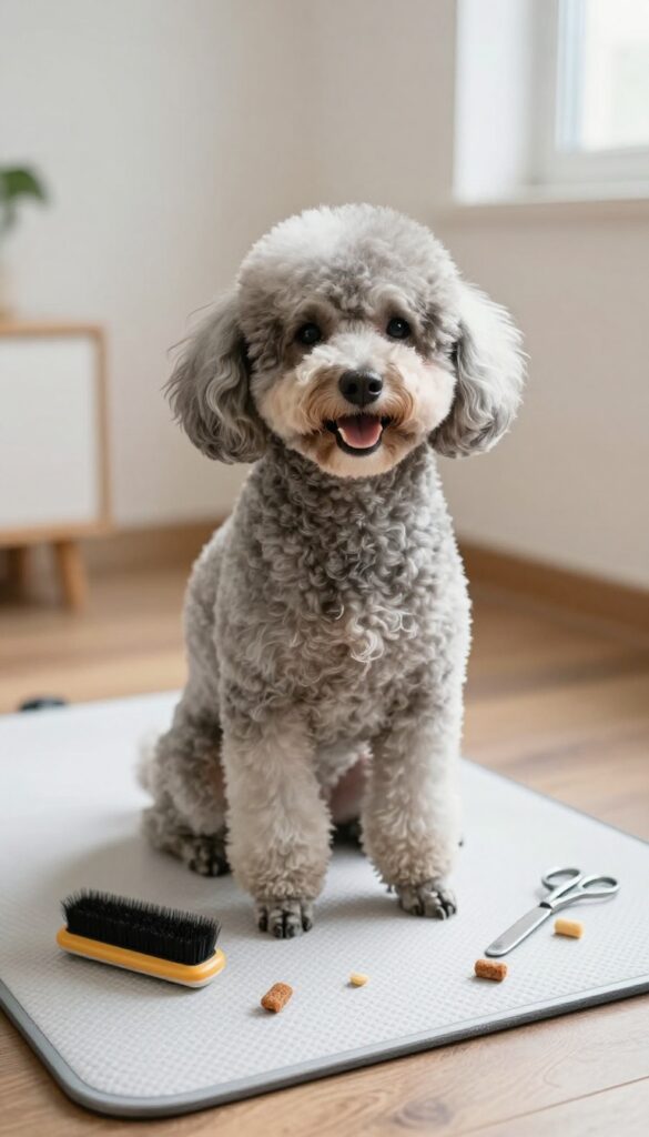A poodle calmly sitting during a short grooming session in a bright home corner, with tools and treats nearby, illustrating stress-free face grooming tips.