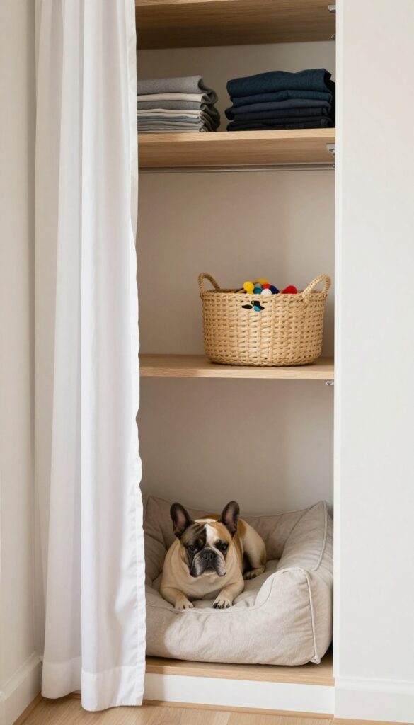 Closet cubby dog house with a small dog resting inside