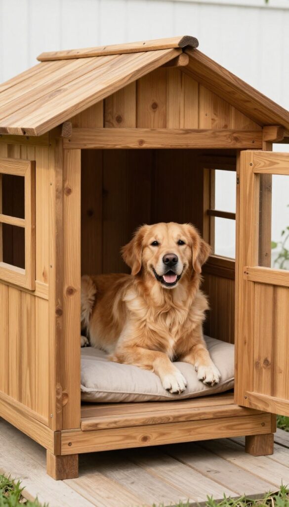 A Golden Retriever relaxing on a cushioned porch of a wooden dog house with a removable roof in a sunny backyard.