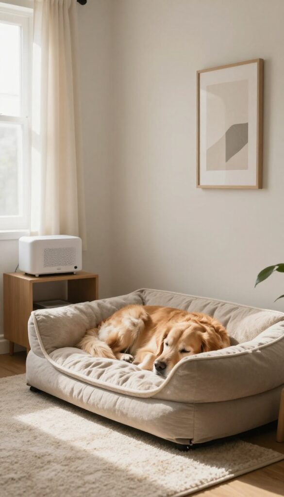 A calm, cozy quiet retreat room for a dog with a plush bed, dim lighting, and heavy curtains to block noise and visual stimulation.