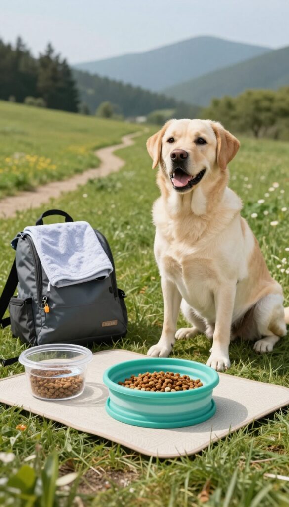A portable dog feeding station with collapsible bowls and airtight food container set up on a mat during a hike, with a dog waiting nearby in natural outdoor light.