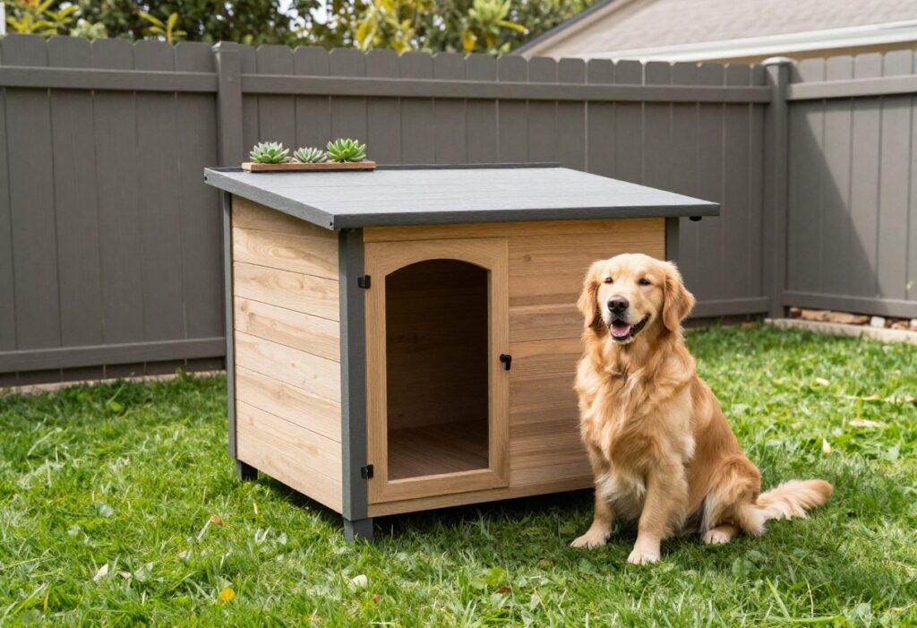 Mid-century modern dog house with planter and golden retriever in backyard