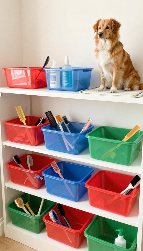 A photorealistic image of an organized dog grooming setup with color-coded storage bins and tools, featuring a calm dog in a bright, clean environment.