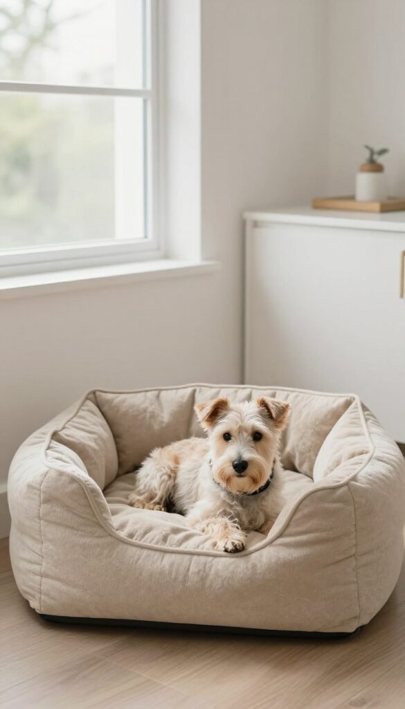 Small terrier dog sleeping peacefully inside a cozy cave-style dog bed in a bright living room corner
