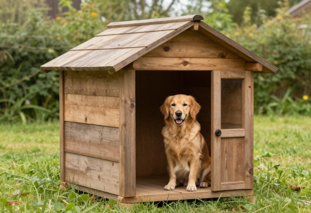 Rustic wooden dog house with a golden retriever sitting on the porch in a sunny backyard