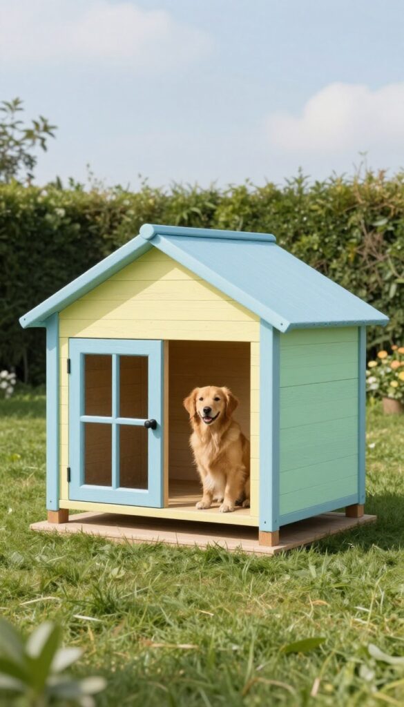 A customizable modular dog house in pastel colors with a golden retriever on the porch in a sunny backyard.