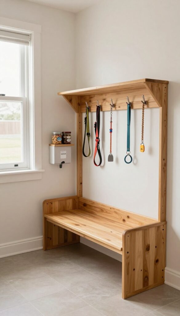 Built-in mudroom dog nook with raised bed, bench, hooks for leashes, and shelf for treats