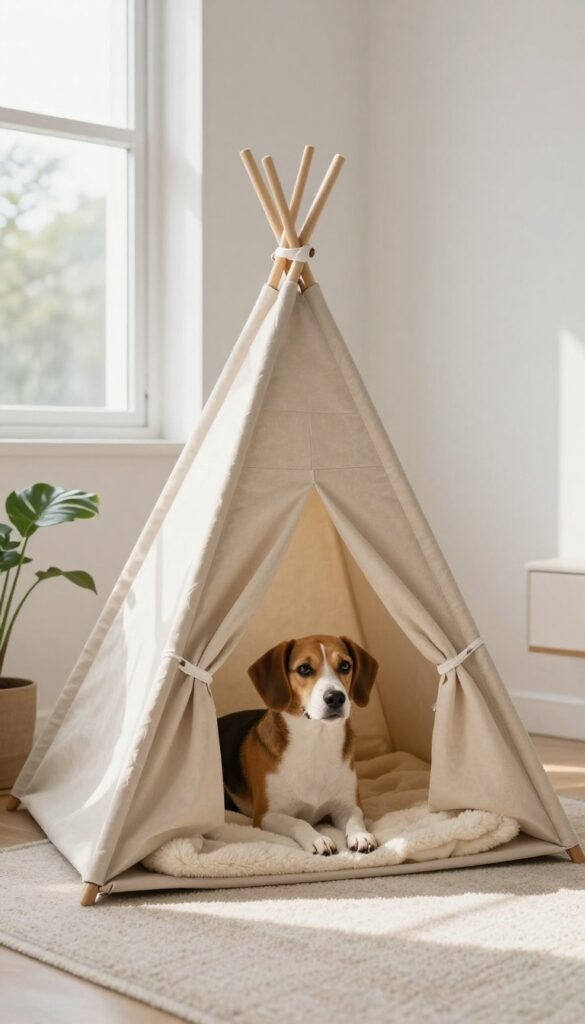 Dog sleeping inside a cardboard teepee dog house in a bright living room
