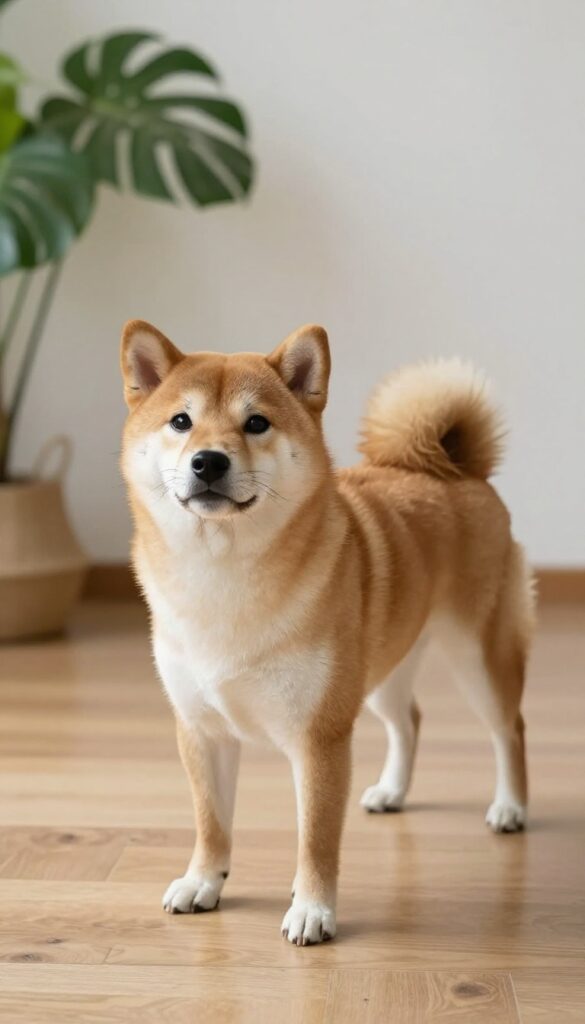 A Shiba Inu with the Fox Cut grooming style, showcasing a natural and low-maintenance look in a bright, clean setting.