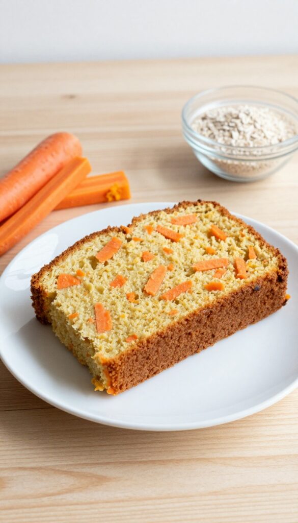 A slice of homemade pumpkin carrot dog cake with visible carrot bits, served on a plain plate with carrot sticks and pumpkin puree, in a bright, clean setting for a dog recipe blog.