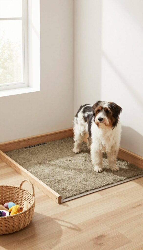 Stylish indoor dog potty area with synthetic turf and drainage tray in a mudroom