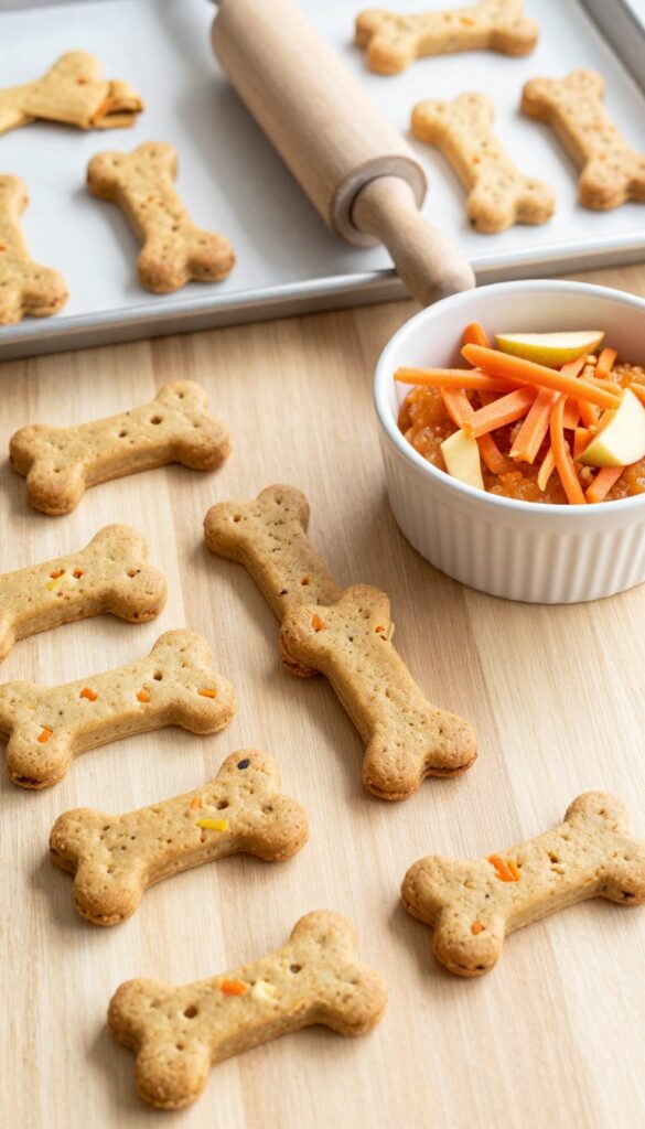 Homemade apple carrot crunch dog treats, showing golden-brown biscuits with visible carrot and apple bits on a wooden surface, with plain props like a bowl of ingredients and baking tools, in natural light.