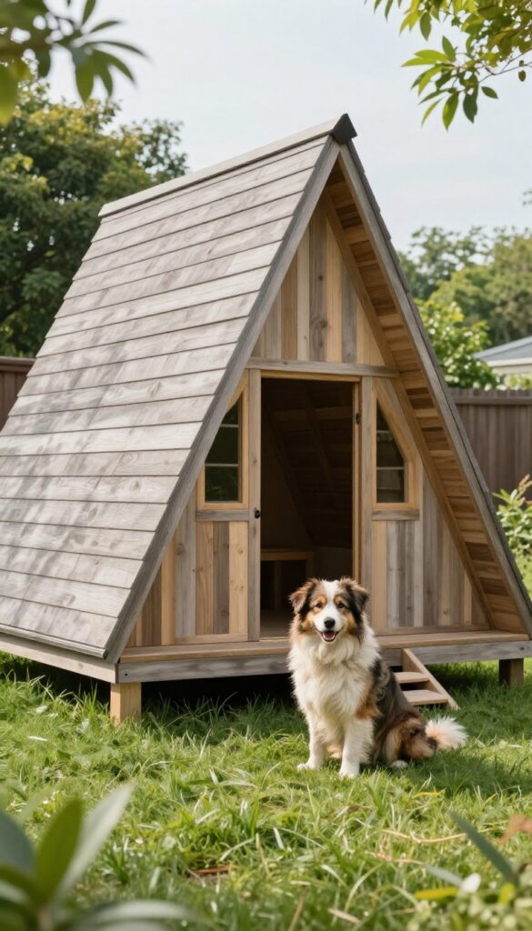 A-frame dog house in backyard with a dog sitting nearby