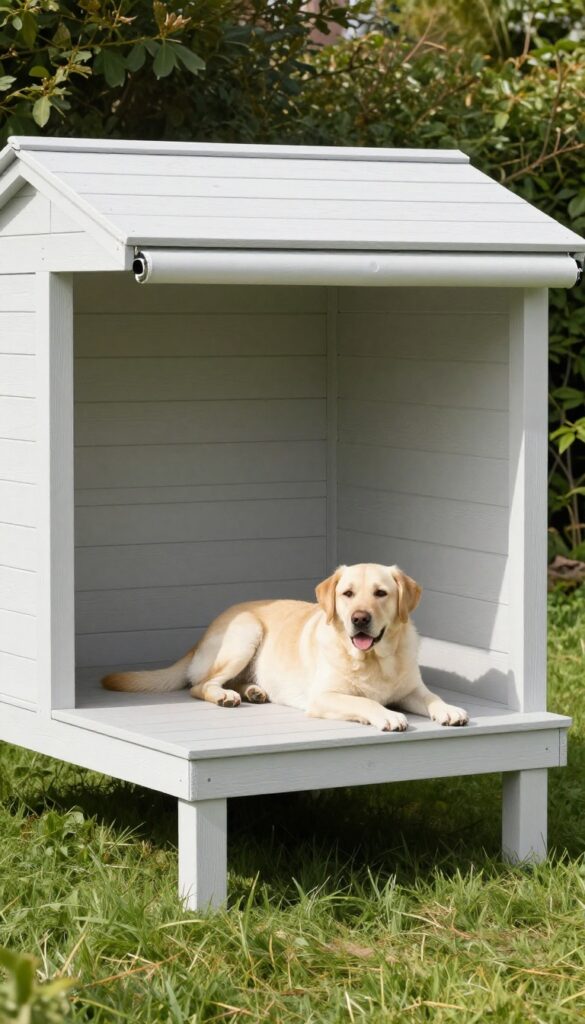 Elevated wooden dog platform with a Labrador Retriever resting in the shade, raised off the ground for airflow in hot climates.