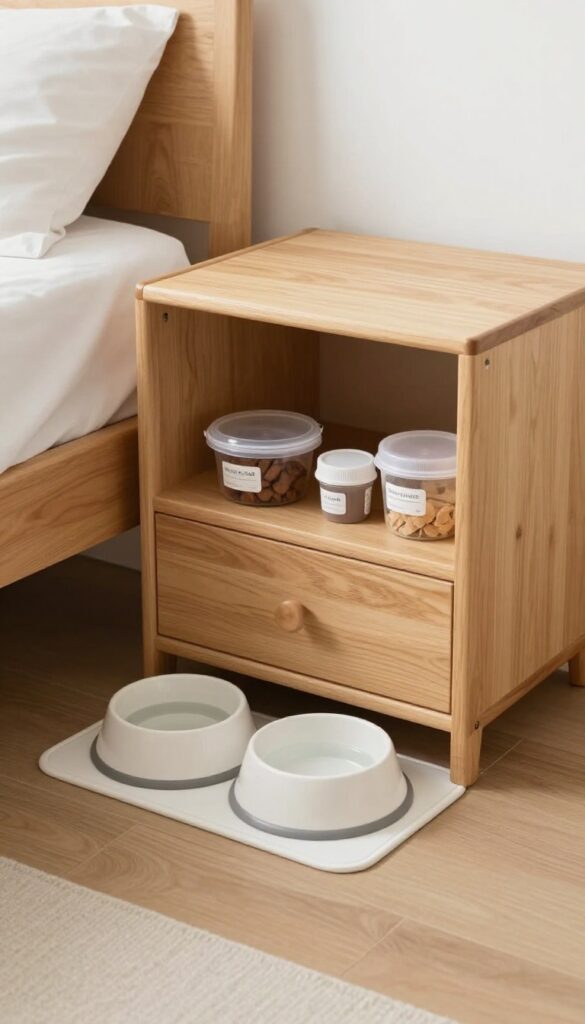 A photorealistic image of a built-in dog food station in a bedroom for nighttime snacks and water refills