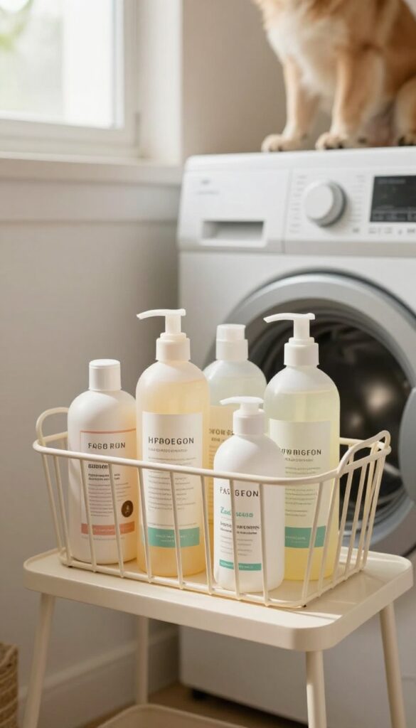 A laundry room shelf with organized dog shampoos in natural light, highlighting grooming essentials for efficient bath time.