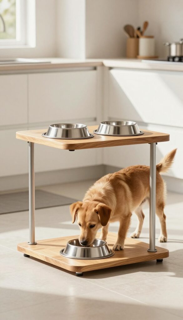 A dog eating from an elevated wooden feeding stand with metal legs in a bright kitchen