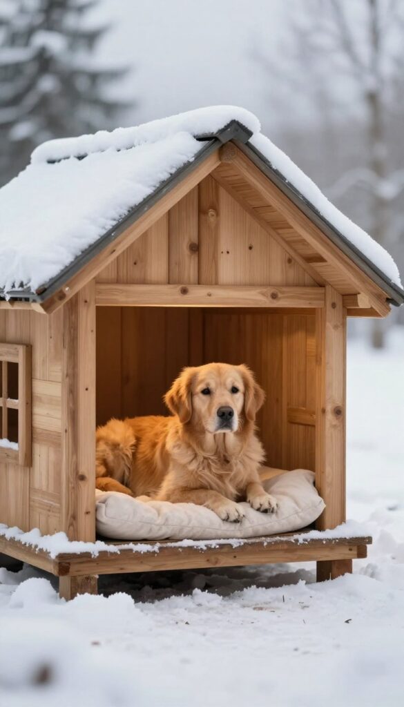 A heated dog house in winter with a warm glowing interior and a golden retriever resting inside on a bed.