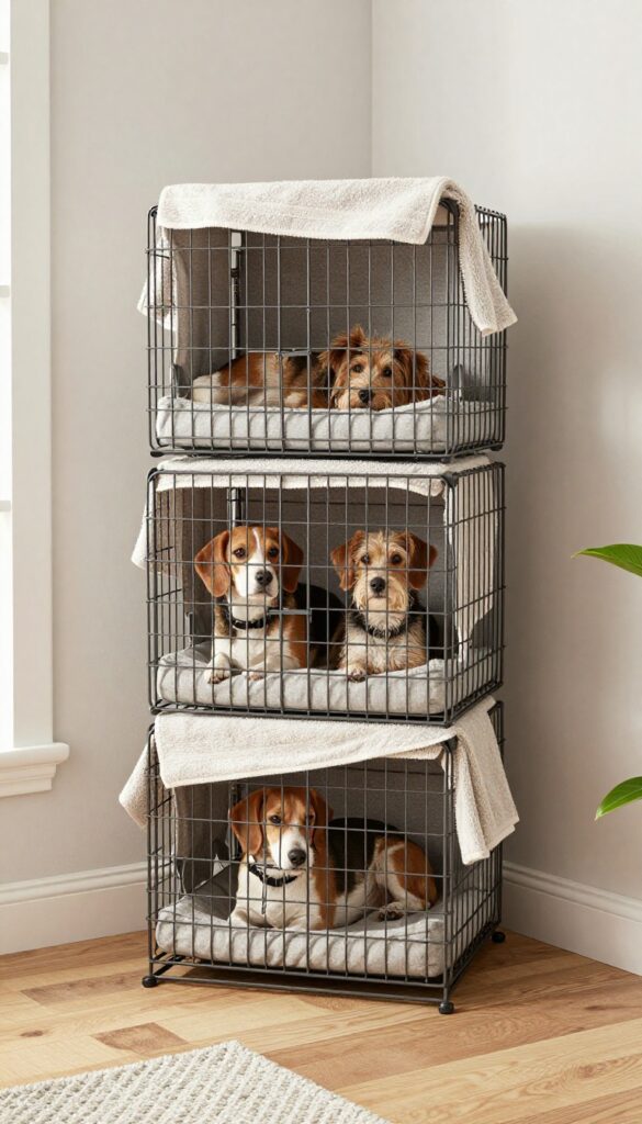 Stackable double crate tower for two dogs in an apartment living room