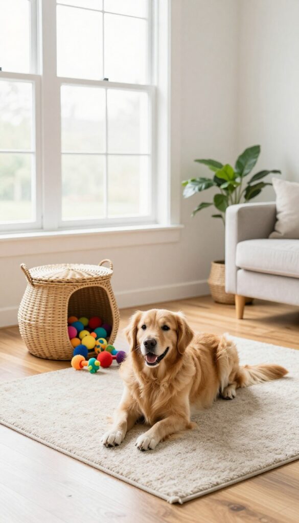 A stylish toy storage basket with dog toys in a bright living room, with a golden retriever resting nearby