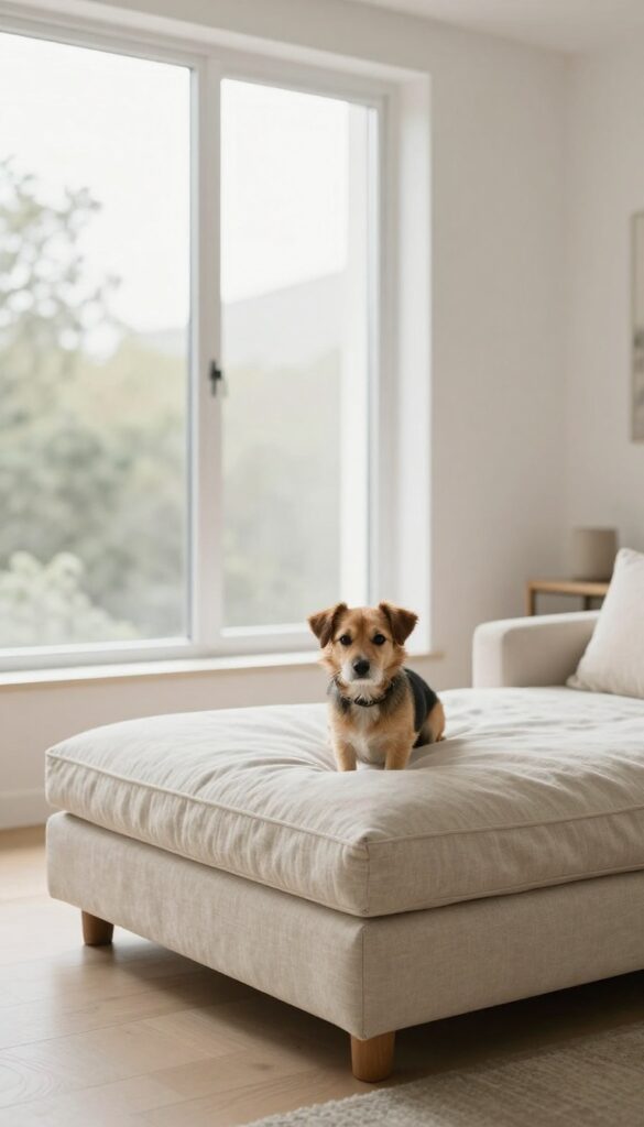 Ottoman-style dog house with small dog peeking out from side opening in bright living room