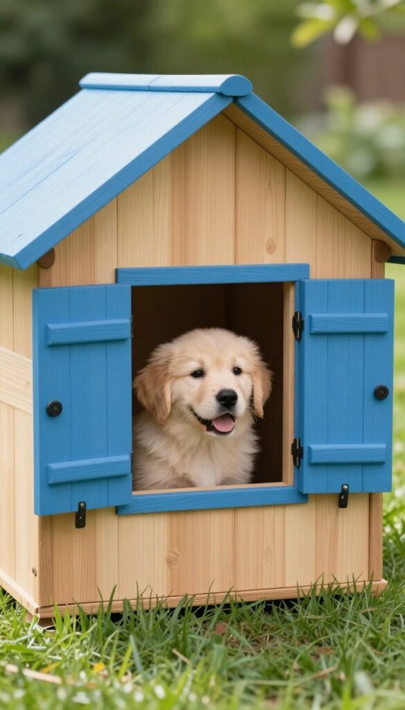 Dog house with window and open blue shutters, golden retriever puppy peeking out