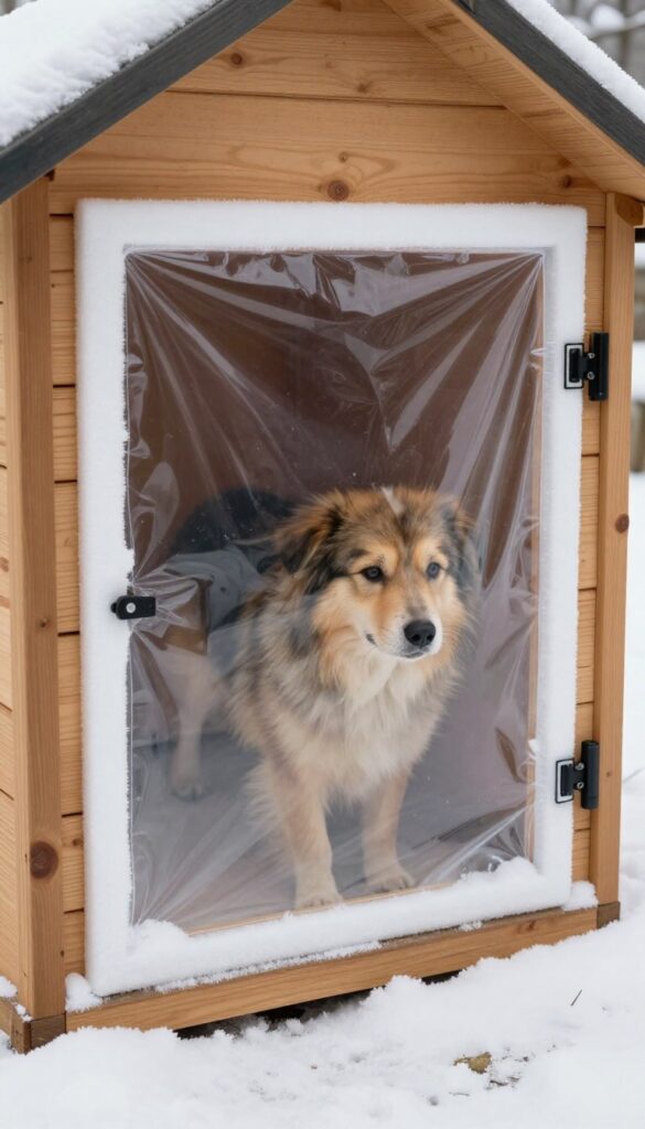 Insulated dog house with heated door flap in snow