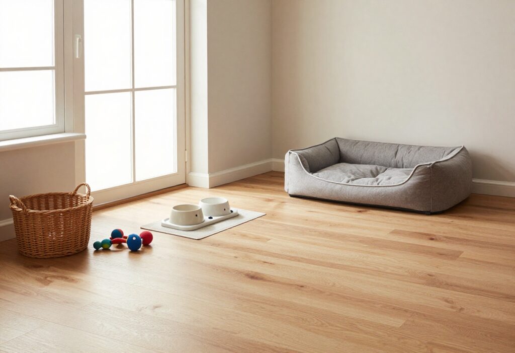 Dog-friendly living room with tidy feeding station and toy storage