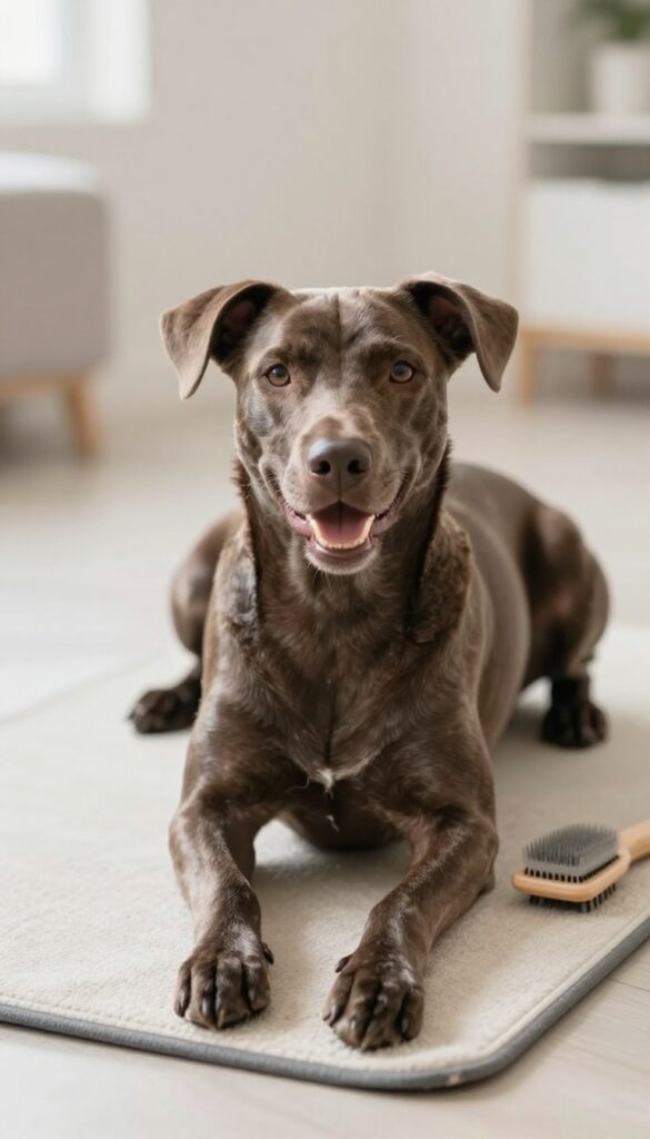 A well-groomed dog resting on a soft mat after grooming, with a brush nearby, illustrating post-grooming care in a bright, natural setting.