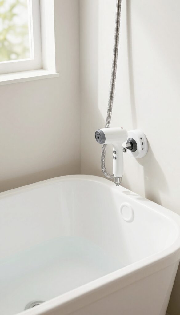 A handheld sprayer with temperature control mounted on a wall next to a clean dog grooming tub in a bright bathroom, illustrating an upgrade for easier bath time without text or clutter.