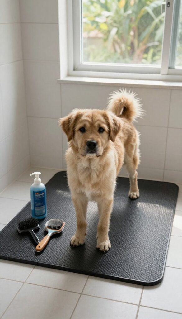 A large dog standing securely on a non-slip mat during grooming in a bright, clean bathroom setting.