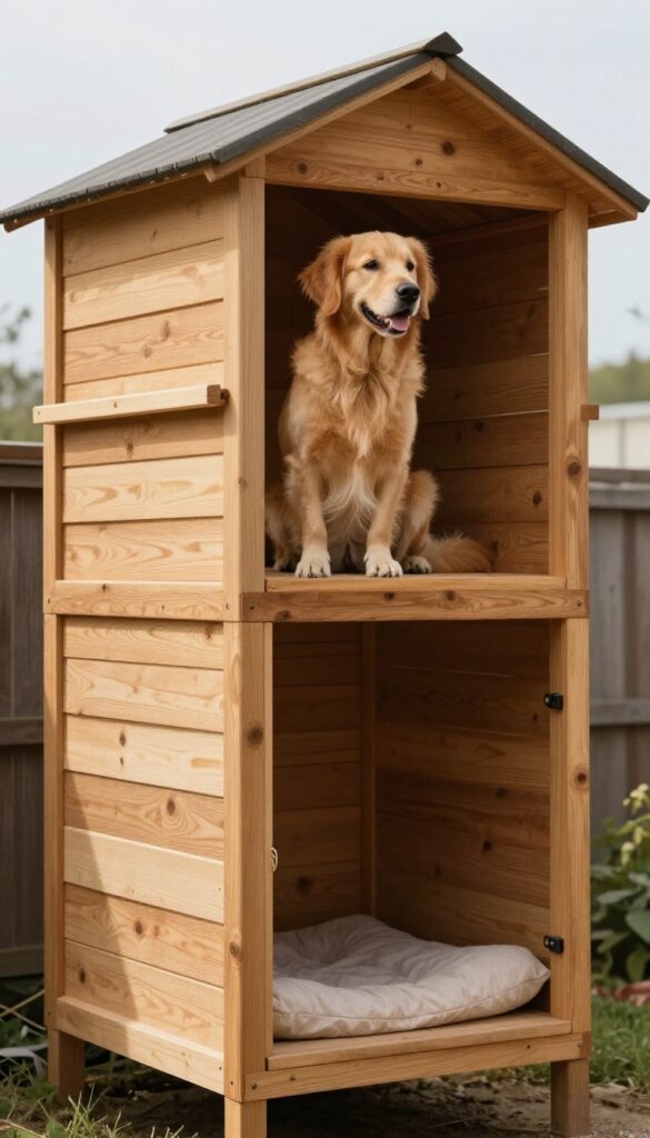 Two-story wooden dog house with upper deck and lower sheltered den in a sunny backyard